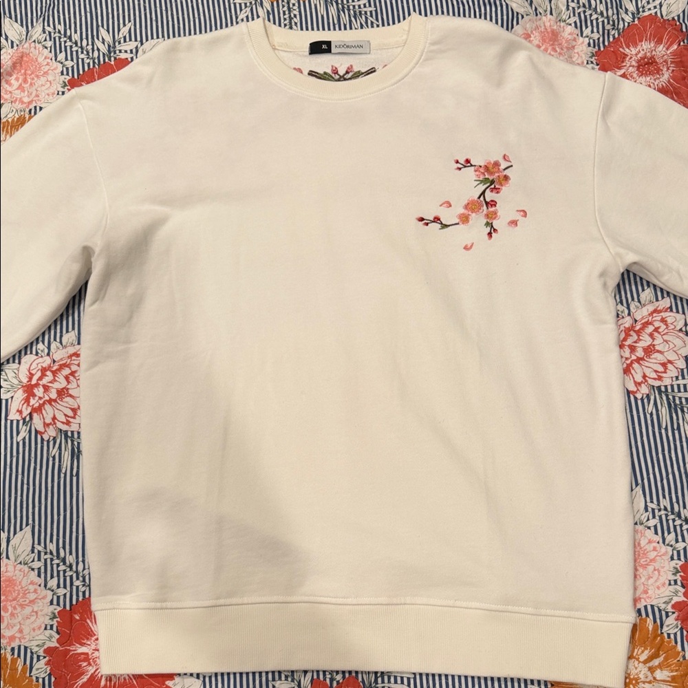 Elegant Cream Crewneck Sweater with Floral Embroidery